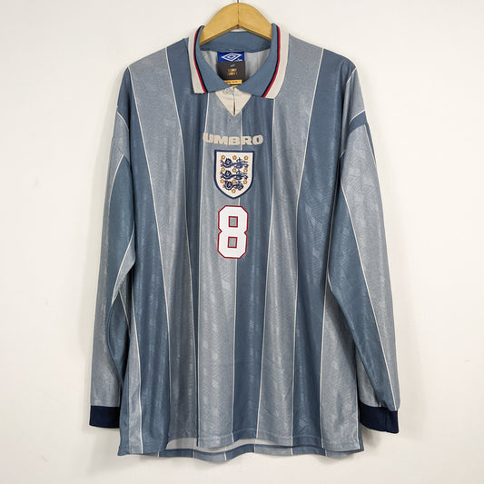 Authentic England 1996/97 Away - Gascoigne #8 Size XL (Long Sleeve) (Template)